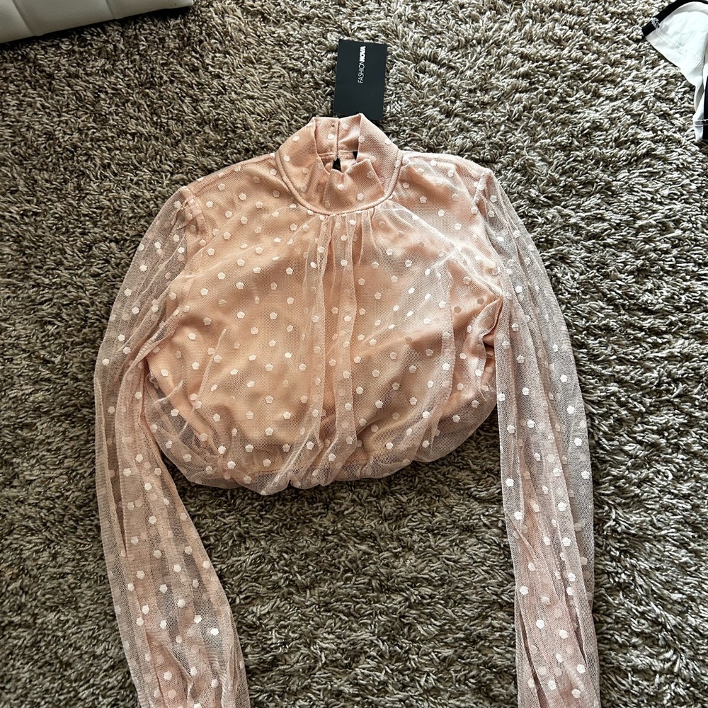 Fashion Nova Sheer Polka Dot Blouse in Soft Pink